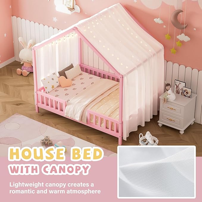 Bellemave Full House BedFrame with Canopy, Montessori Floor Bed, House Bed with Rails for Kids, Pink