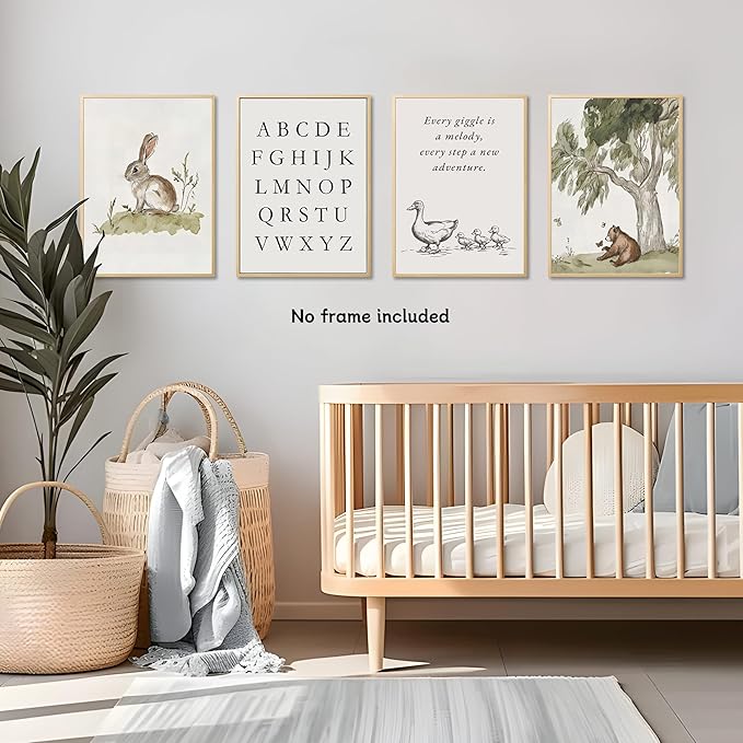 Nursery Gallery Wall Art Animal Canvas Prints Vintage Rustic Poster Set for Kids’ Room Decor Alphabet Inspirational Quotes Wall Art Neutral Baby Room Painting Unframed 8x10 Inches