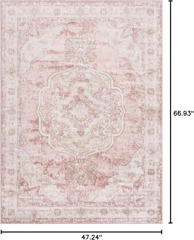 BoutiqueRugs Blush & Light Pink Collection Kandos Bohemian Oriental Medallion Area Rug - Traditional Floral Carpet for Living Room, Bedroom - Blush, Dusty Pink, Cream - 3'11" x 5'7"