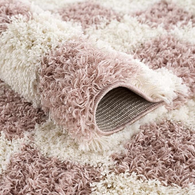 BoutiqueRugs Atira Pink Checkered Shag Area Rug - Cream, Rose Gold - 8'10" x 12'