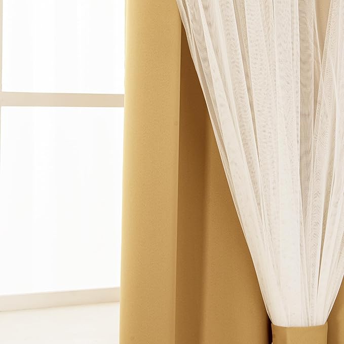 INLINAS Gold Blackout Curtains with Sheer Overlay - Grommet Top Thermal and Noise Reduction Panels for Bedroom and Living Room Light Blocking and Energy Saving, 52 x 72 Inches, Set of 2