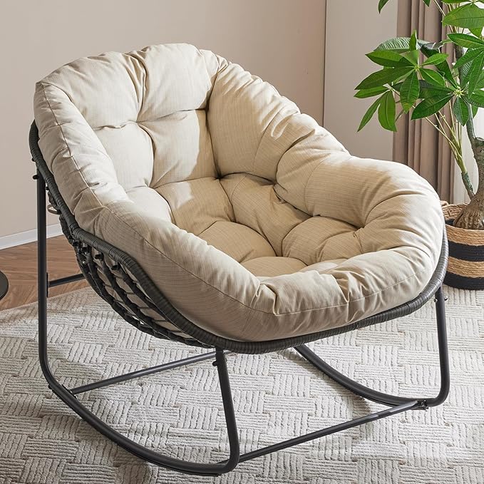 Oversized Outdoor Papasan Rocking Chair with Soft Cushion, Comfy Patio Egg Chair, Wicker Lounge Rocker for Balcony/Porch/Garden, Reinforced All Weather Rattan Frame, 330 lbs Support, Beige