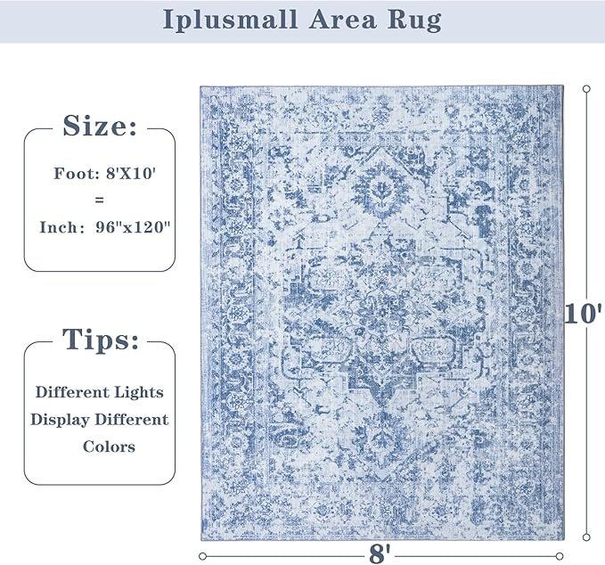 Area Rug 8x10, Washable Rug for Living Room, Large Area Rugs for Bedroom, Vintage Rug 8x10 for Dining Room, Non Slip Soft Low Pile Indoor Carpet for Kitchen, Nursery, Office, Farmhouse, Blue