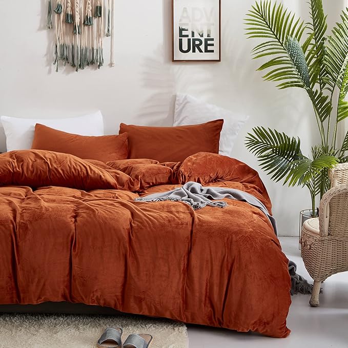 Houseri Velvet Rust Duvet King Size - Fluffy Terracotta Bedding Sets - Flannel Burnt Orange King Size Duvet Cover