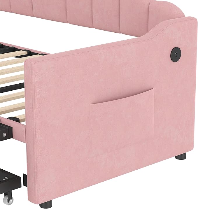 SOFTSEA Twin Velvet Daybed with Pop Up Trundle, Upholstered Extendable Corner Bed with USB Ports & Storage Pockets, Twin to King Daybed Frame with Storage for Kids Teens Adults, Pink