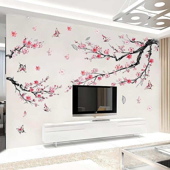 Cherry Blossom Wall Decals, Watercolor Pink Flower Tree Peel and Stick Wall Stickers for Living Room, Bedroom, Sofa, TV Background Home Decor, Nursery, Kids Room Wall Art (Large)