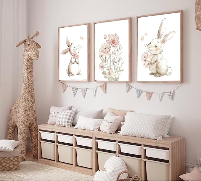 Pink Girl Nursery Bunny Canvas Wall Art Cute Rabbit Wildflowers Painting Pictures Wall Decor Botanical watercolor Flower Poster printing artwork For Baby Boys and Girls Playroom paintings Unframed