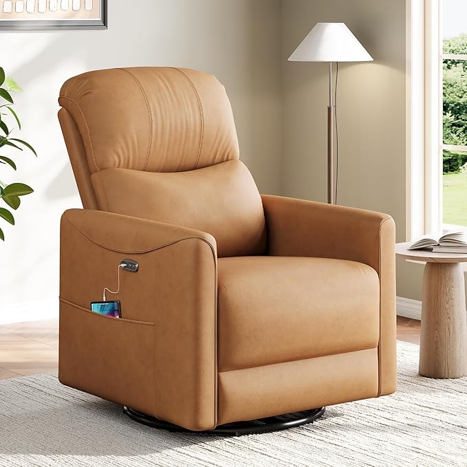 Power Swivel Rocker Recliner, 360° Swivel Nursery Rocking Chair, PU Leather Glider Rocking Recliner, Infinite Position Electric Chair for Adults with USB Port for Living Room, Amber Yellow