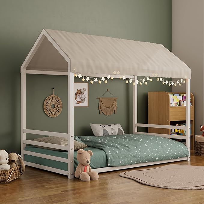 Harper & Bright Designs Twin Size Floor Bed Frame for Kids, House Bed with Roof and Guardrail, Metal Montessroi Floor Bed for Boys Girls, Easy Assemble, No Slats,White