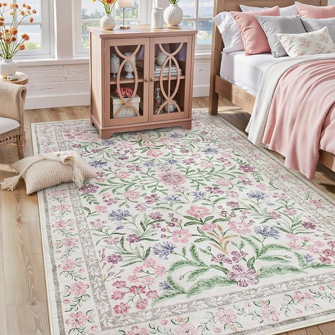 Lahome Boho Purple Floral 5x7 Area Rugs, Washable Rugs for Bedroom Nursery Decor, Soft Non-Slip Lavender Carpet for Kids Room Girls Playroom Living Room, Pale Lilac/Pink