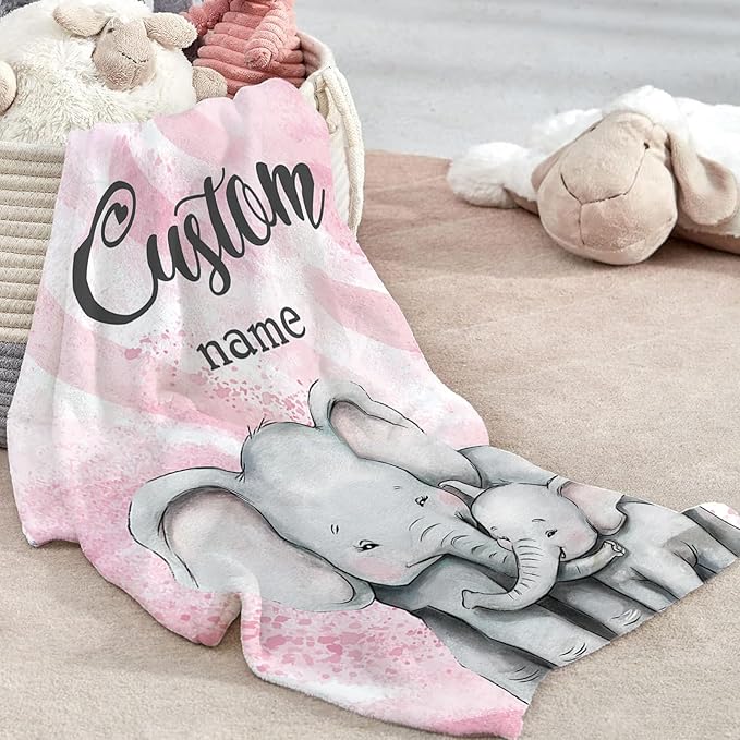 Custom Baby Crib Bedding Set - Pink Elephant Design Personalized Name Baby Nursery Bedding 3 Pcs Set - Chic Soft Blanket, Fitted Sheet, Room Rug for Newborns Boys Girls Gifts