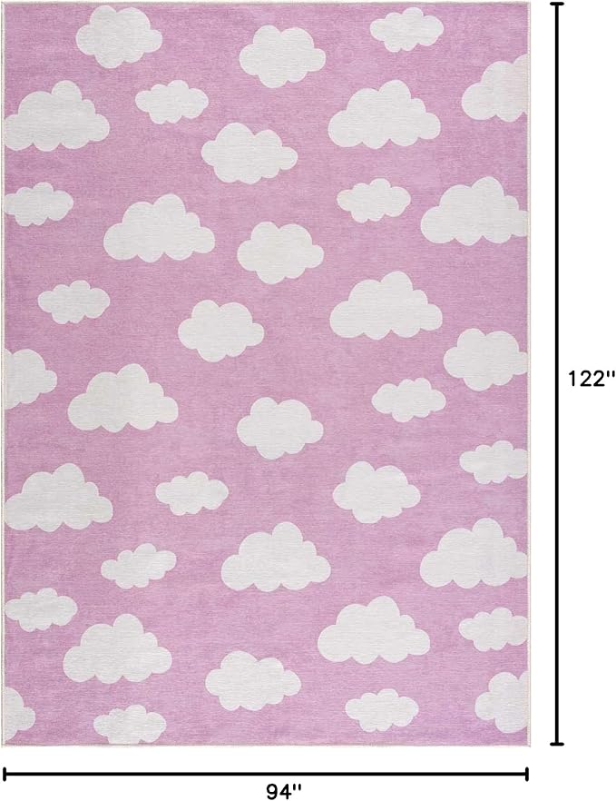 Hauteloom Nizar Girls Room, Nursery Machine Washable Area Rug - Clouds - Pink, Cream - 7'10" x 10'2"