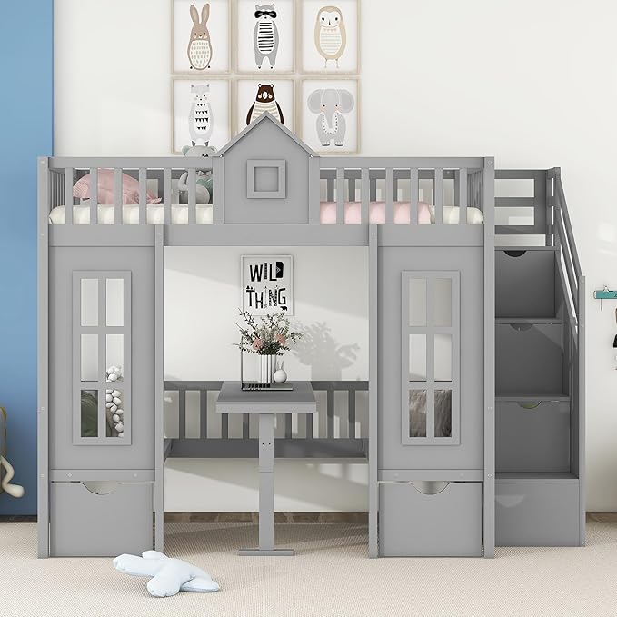 Playhouse Twin Size Loft Bed with Storage Staircase, Solid Wood Bunk Bed Frame with Guardrail for Kids Teens Boys Girls, Down Bed Convertible to Seats and Table Set (Grey-C)