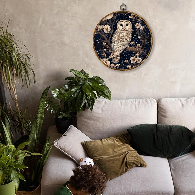 Hiuwevt Enchanted Forest Owl Round Wall Art Decor, Mystical Starry Night Whimsical Owl Hanging Canvas Prints Artwork Framed, Dark Cottagecore Animal Circular Wall Decor for Home Room, 10x10 Inch