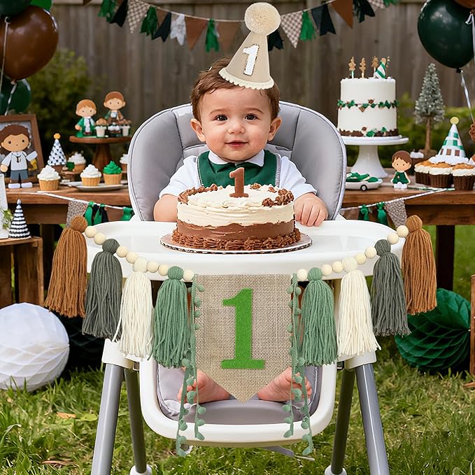Wild One High Chair Banner Boy First Birthday Decorations,Jungle Green 1st Highchair Banner,Woodland One Year Old Party Decor Babys Themes Wood Bead Tassel Garland