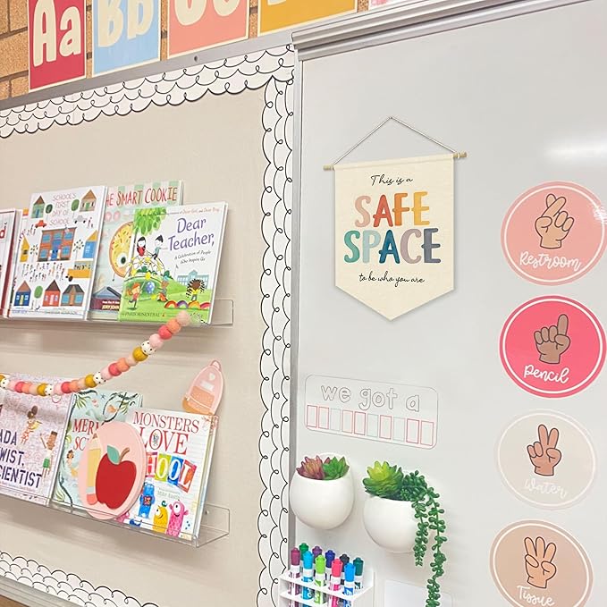 Safe Space Wall Hanging Banner, Therapy Office Wall Decor,Classroom Office Decor Banner,Calming Corner Canvas Banner,Safe Space Sign,School Counselor Office Must Haves, Hanging Pennant Flag