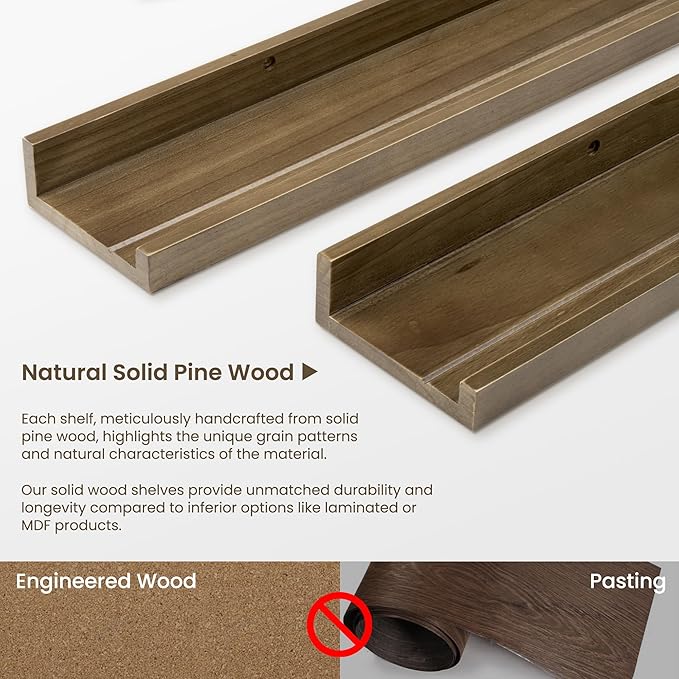 Fun Memories Picture Ledge Shelf, Pine Wood Floating Shelves Set of 2, 48 inch Nursery Book Shelves, Photo Ledge Book Shelves Wall Mounted for Living Room Kids' Room Bedroom - Light Brown