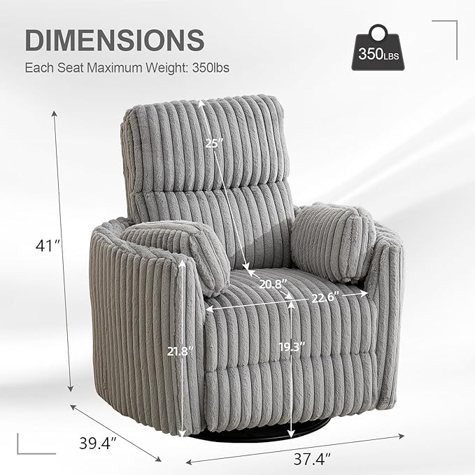 Power Nursery Rocking Chairs Swivel Glider Reclining Chair with 2 Pillows, Nursery Glider Rocking Recliner with Type-C & USB Charger Port, Corduroy Upholstery Armchair for Living Room/ Light Grey