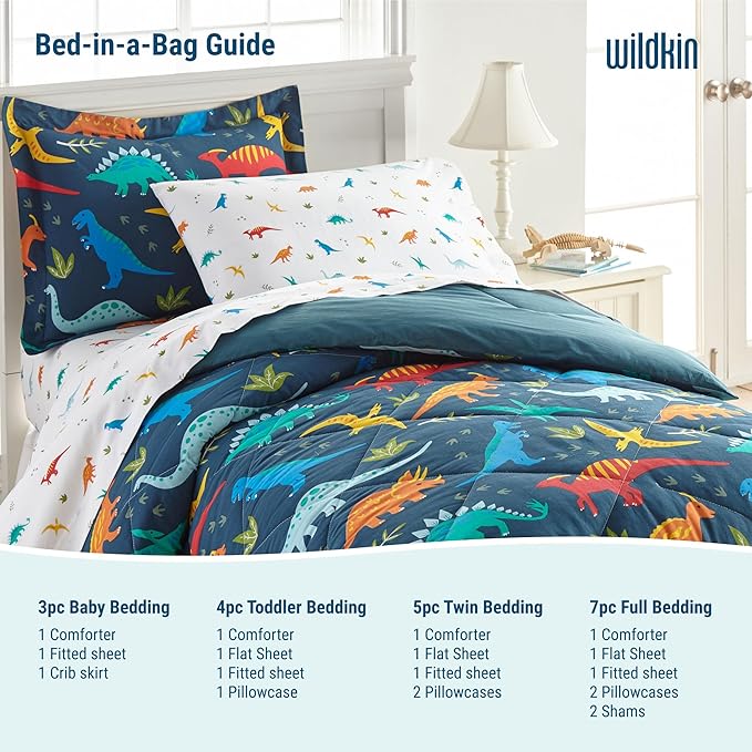 Wildkin 4-Piece Toddler Bed in a Bag – Cotton Comforter, Sheets & Pillowcase for Cozy Cuddles - Dinosaur Land
