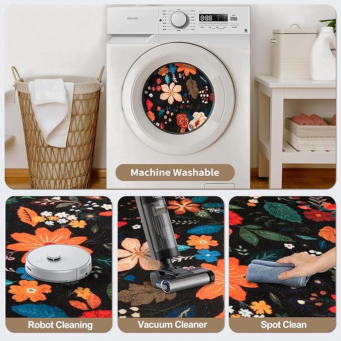 Tangsoo 2x3 Small Area Rug for Entryway, Non Slip Machine Washable Boho Floral Entry Rug, Soft Low Pile Throw Rugs Door Mat Indoor Entrance Floor Carpet for Bedroom Kitchen Bathroom, Kids Room(Black)