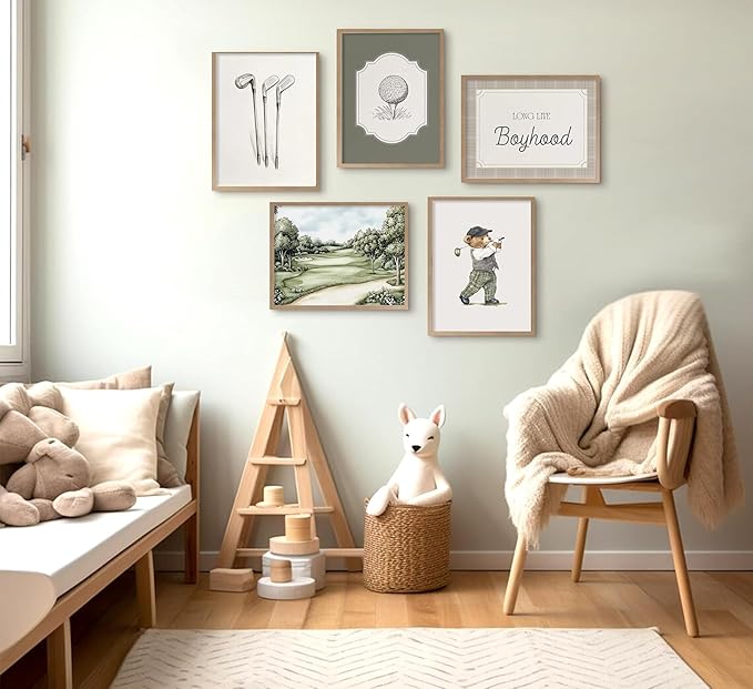 Vintage Golf Nursery Wall Art Retro Sport Kids Room Canvas Wall Decor Teddy Bear Pictures Sage Green Antique Posters Baby Animal Painting Print Artwork for Baby Boy Girl Room Playroom, Unframed