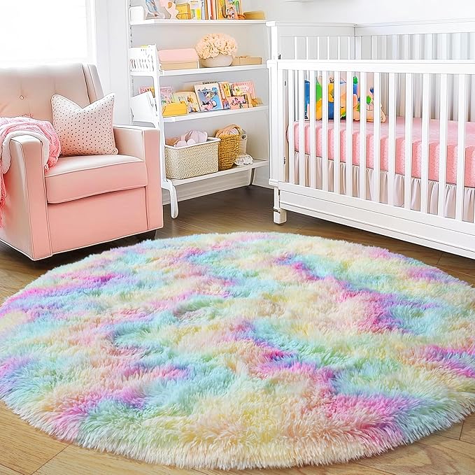 4'x4' Rainbow Round Rugs for Girls Bedroom, Ultra Soft Fluffy Circle Rug for Kids Room, Cute Shag Rugs for Living Room Playroom Tent Castle Home Decor Rug