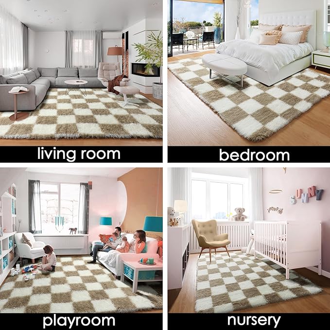 KICMOR 5x7 Beige and Cream White Area Rugs Fluffy Living Room Carpet, Large Fuzzy Checkered Shag Rug for Bedroom Aesthetic, Soft Plush Shaggy Rug for Kids Girls Boys Nursery Room Playroom Home Decor