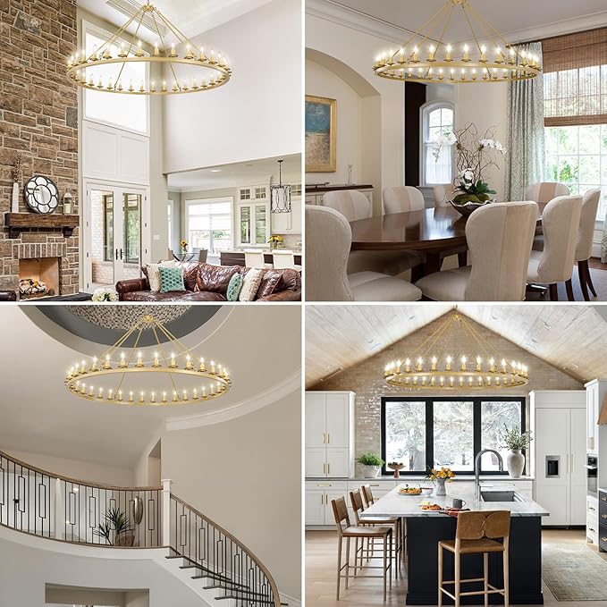Wagon Wheel Chandelier, 36-Light Gold Large Round Modern Farmhouse Chandelier with Adjustable Height Island Light Fixture for High Ceiling Dining Room, Kitchen, Living Room, Entryways, Foyer