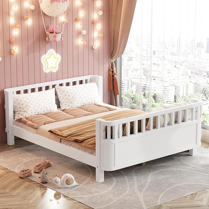 Ball & Cast Twin Size Toddler Bed W/LED Light,Metal Bed W/Linen Fabric Upholstered Storage Headboard,Platform Bed Frame W/Safety Guardrails & Low Profile Design,for Boys Girls,Black