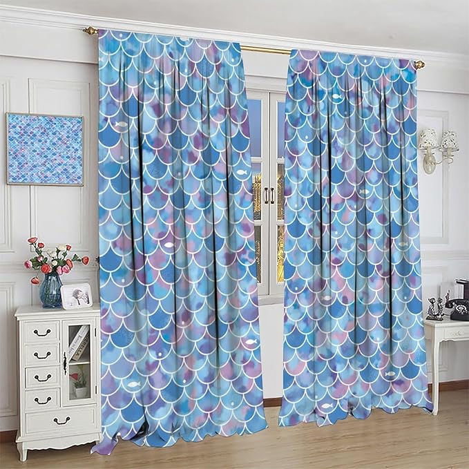 Mermaid Blackout Curtains, Kids Cartoon Blue and Pink Ocean Mermaid Scale Pattern Decoration for Girls Bedroom Nursery Curtains 55x63 Inch