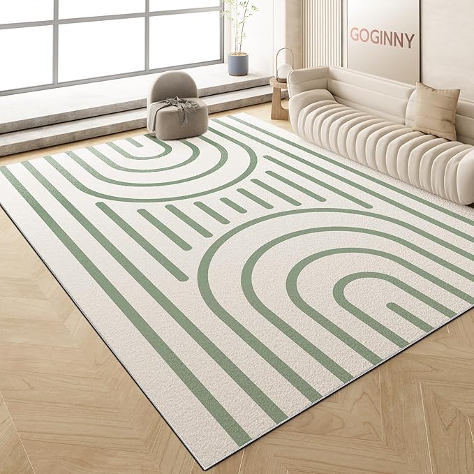 Washable 4x6 Modern Area Rug for Living Room, Sage Green Minimalist Artistic Abstract Large Rug, Ultra Thin Low Pile Lightweight Soft Indoor Carpet with Nonslip Backing for Home Bedroom Kids Play Room