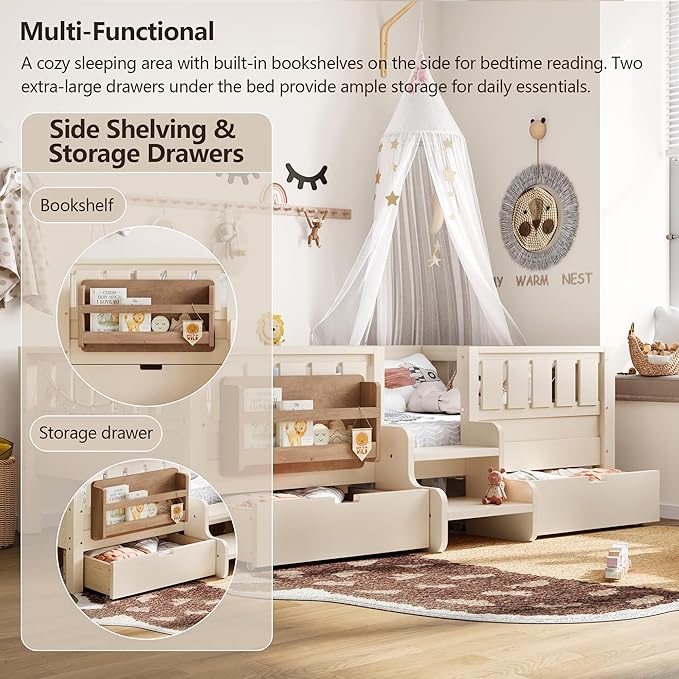 Bellemave Full Size Bed with Slats and Stairs, Full Size Platform Bed Frame with Fence, Bookshelf and Storage Drawers, Easy Assemble Beds for Kids, Girls, Boys, Beige