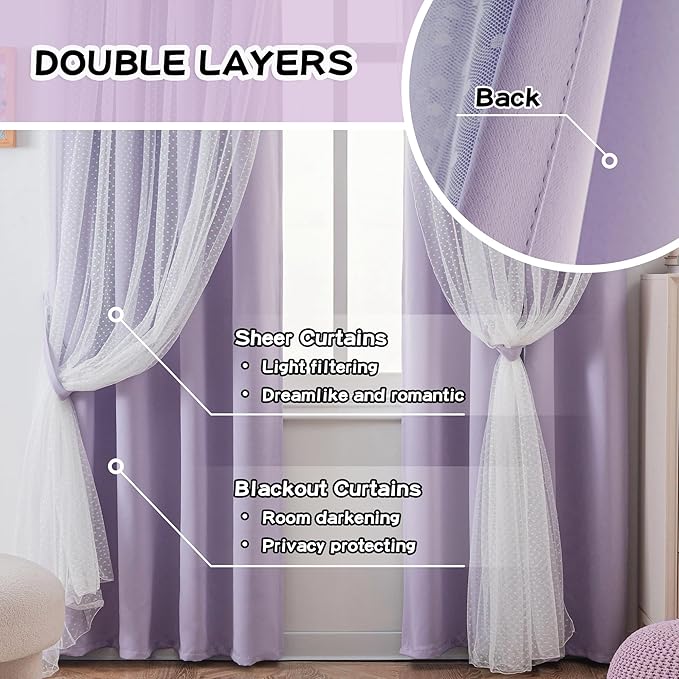 MYSKY HOME Cute Lilac Curtains for Girls Bedroom & Nursery Kids Purple Lavender Blackout Curtains Double Layer with Polka Dots Sheer, Grommet Tops, 52x84 Inch, 2 Panels