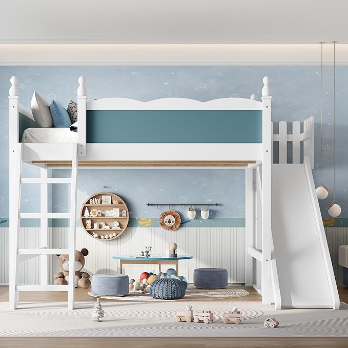 SOFTSEA Queen Size Loft Bed with Slide, Kids Loft Bed with Open Shelves and Cabinet, Playhouse Bed Frame with Detachable Slide and Ladder for Kids Boys, Blue + White