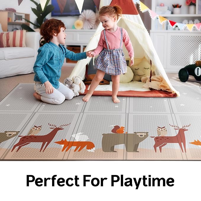 Baby Foldable Play Mat for Baby - Midnight Friends Floor Mats design - Perfect Tummy Time Mat & Nursery Rug - Portable Playroom Rug, Indoor/Outdoor, Waterproof, Made in Korea - Large 79" x 55"