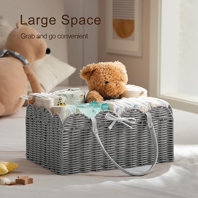 HBlife Baby Diaper Caddy Organizer, Washable Waterproof, Large Portable Scalloped Wicker Woven Basket with Divider, Nursery Diaper Station, Baby Shower Gifts Basket - Newborn Essentials, Car Organizer