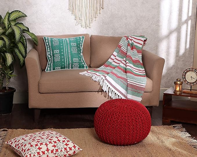 REDEARTH · Round Pouf Ottoman - Hand Knitted Cable Boho Poof - Foot Stool Bean Bag - Home Décor Stuffed Footrest for Living Room - Nursery - Bedroom - 100% Cotton Poufs (19.5"x19.5"x14") - Red
