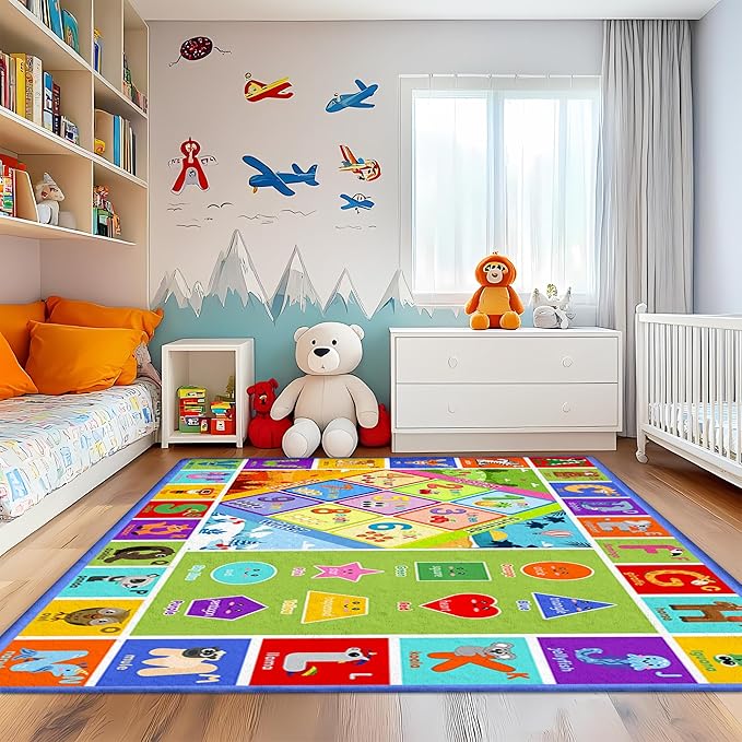 5x7 Kids Rug for Classroom & Playroom - ABC Alphabet Educational Area Rug with Animals Numbers & Shapes - Non-Slip Carpet Playmat for Nursery Preschool Elementary