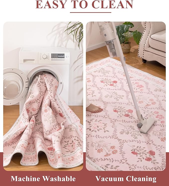 YIHOUSE 6x9 Washable Rug for Bedroom, Pink Floral Rugs for Living Room Non Slip Ultra-Thin Large Boho Rug for Kids Playroom, Classroom, Girls Dorm, Nursery, Pink Multi