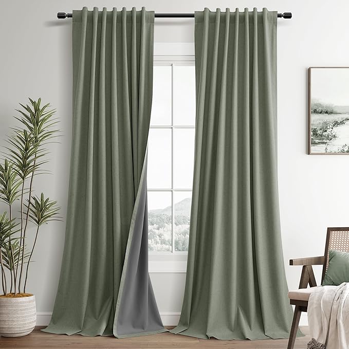 Sage Green Linen 100% Black Out Curtains for Bedroom 96 Inch Long 2 Panels Set Back Tab Hook Belt Sage Textured Room Darkening Thermal Insulated Soundproof Hook Belt Drapes Living Room 52x96