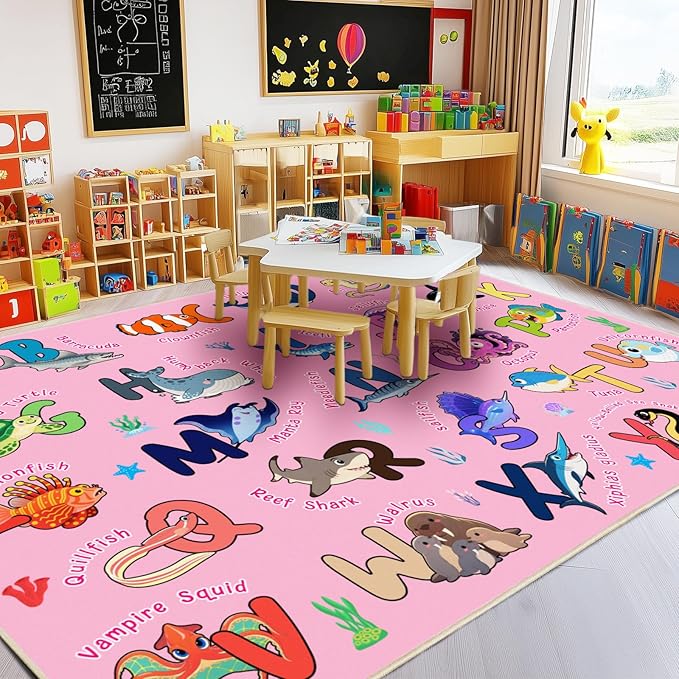 Kids Rug for Playroom, 7x9 Feet Educational Rug for Learn The ABC Alphabet, Soft Machine Washable Non-Slip Cute Marine Organisms Carpet for Classroom Toddler Nursery Kids Room Decor Mat, Pink