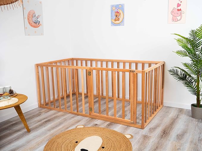 Montessori Bed for Toddlers with 31.4" Rails, Made in Europe Floor Bed for Kids from Alder Wood, 7 Colors Toddler Play Pen, Water Based Paint, 5 Sizes Wood Playpen for Toddler Playroom (Model 6.3)