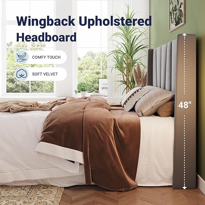 Allewie Full Size Platform Velvet Bed Frame with Geometric Wingback Headboard, Boho Upholstered Bed with Wooden Slats Support, No Box Spring Needed, Easy Assembly, Light Grey