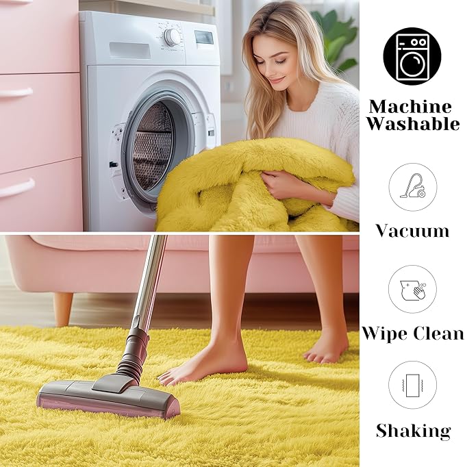 ONASAR Yellow Area Rugs for Bedroom Living Room, Washable Fluffy 4x6 Indoor Bedside Floor Throw Rug, Soft Plush Shaggy Carpet for Nursery Kids Girls Boys Teen Dorm Home Office Decor Aesthetic