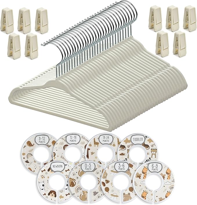 Velvet Baby Hangers with 10x Clips and 8X Dividers (30 Pack) | 11” Ultra-Slim Baby Clothes Hangers | Non-Slip Felt | Space-Saving Nursery & Infant Closet Organizer | Beige