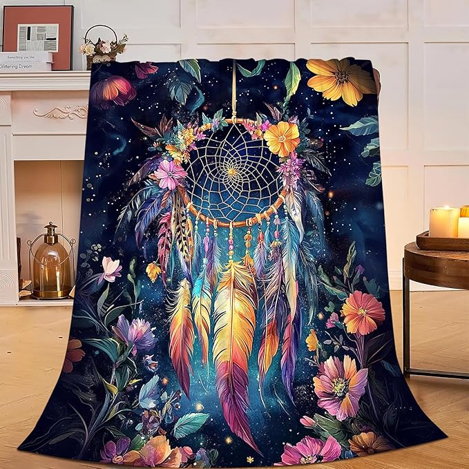 Dream Catcher Blanket Floral Feather Decor Throw Blanket Super Soft Flannel Lightweight Fluffy Plush Cozy Fuzzy Fleece Gifts Blanket for Girl Woman Man Boys Kids Adults for Bed Sofa 40"X50"