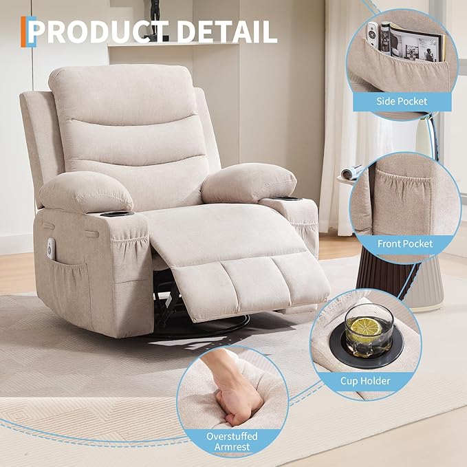 Recliner Chair Nursery, Oversized Manual Reclining Rocking Chair, 360 Swivel Glider with Cup Holder, Massage and Heat Recliner, Indoor Small Single Sofa Chairs for Adults, RV, Bedroom, Line Beige