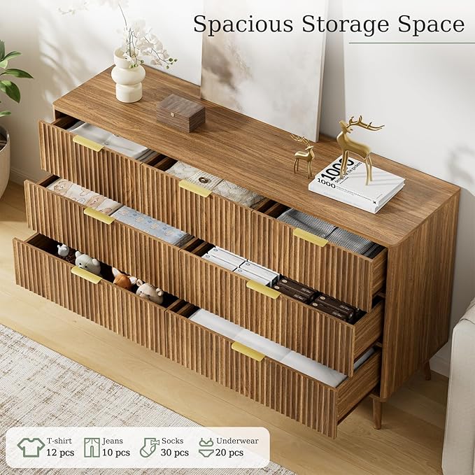 LYNSOM 55" Wide Fluted Dresser for Bedroom with 6 Drawer, Modern Chest of Drawers with Curved Profile Design and Metal Handles, Wood Dresser TV Stand & Storage Organizer for Living Room, Walnut
