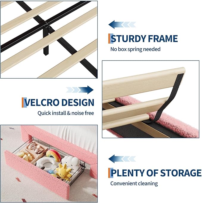 IDEALHOUSE Queen Bed Frame with LED Headboard and Under-Bed Drawer, Metal Upholstered Platform Bed with LED Light for Kids, Girls, Lamb Fleece Fabric, Wooden Slats Support, No Box Spring Needed, Pink