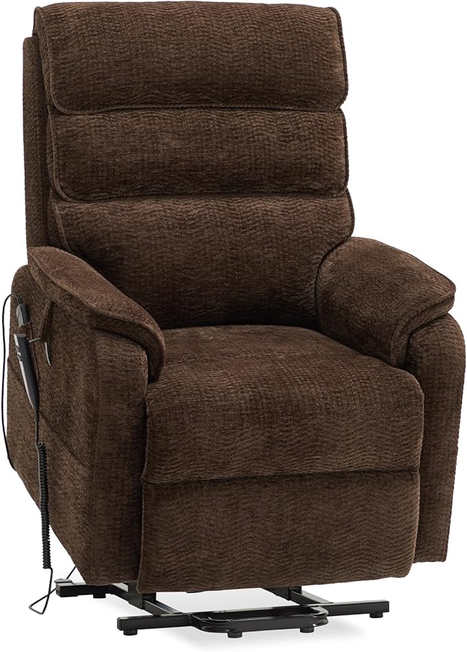 DYNOX 350 LBS Power Lift Recliner Chair for Elderly, Medium Size Dual Motor Lay Flat Infinite Positions Recliner with Heat & Massage(9188,Chenille,Brown)